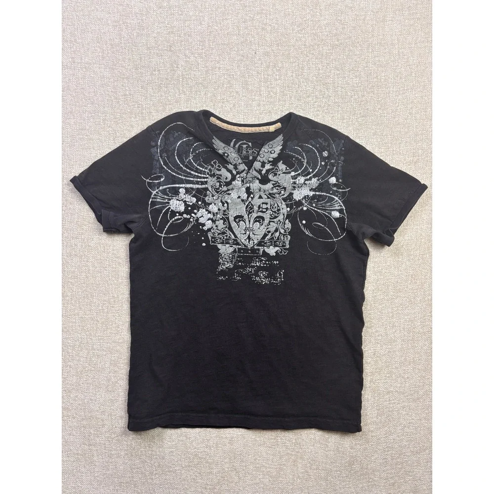 Guess Mens Graphic T-Shirt Black Y2K Fleur De Lis Studded Slub Tee Small - Picture 1 of 8